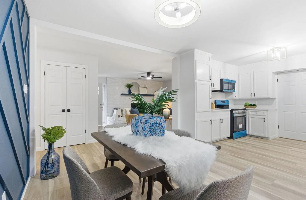 1031 Caddo Camden Ar
Countertops were kept edited—think functional boards, a small plant, and clean lines—so the quartz, tile, and new appliances take center stage. In bathrooms, we went “spa clean”: white towels, simple greenery, and warm metal accents.